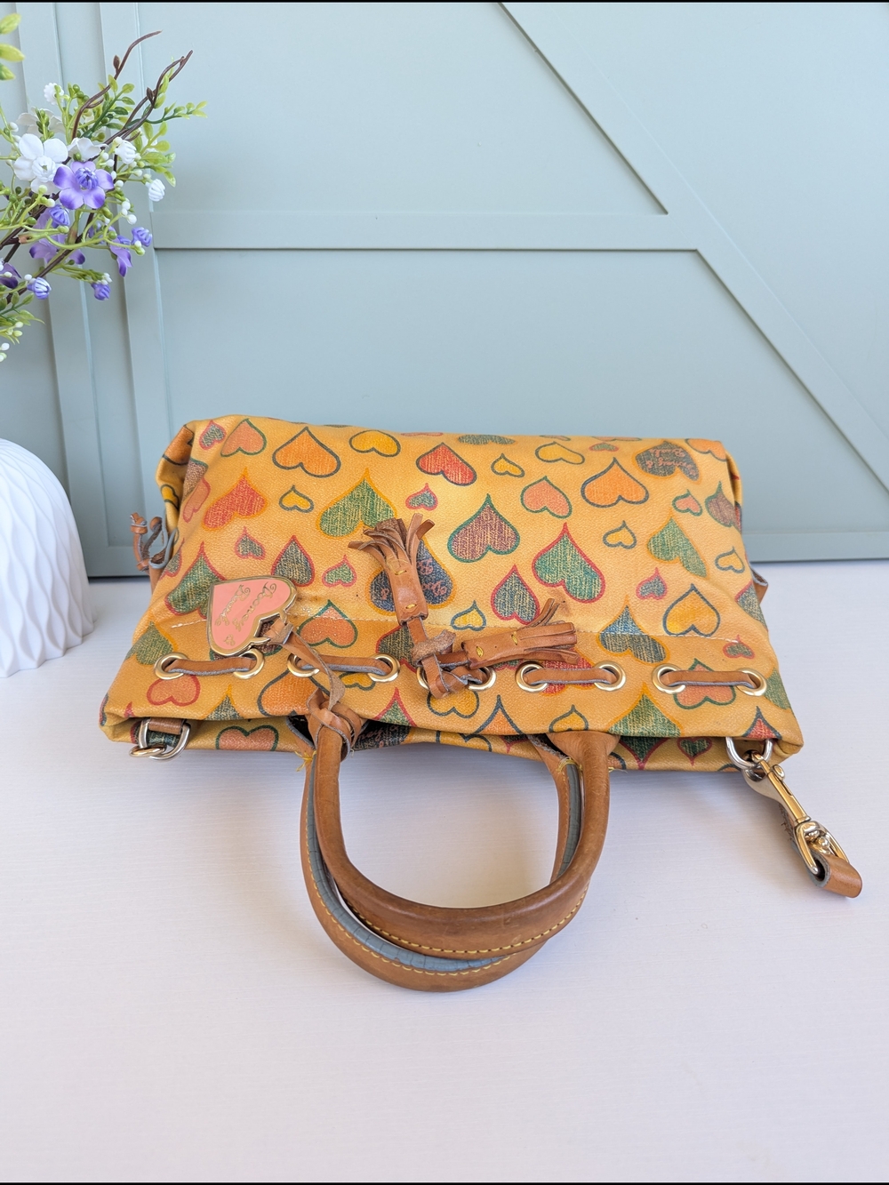 Dooney & Bourke Yellow Heart Print Satchel - Picture 8 of 11